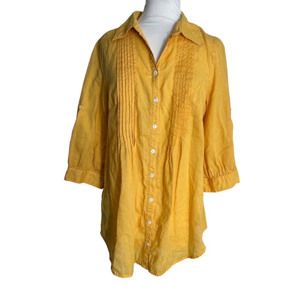 Live a Little Size Small Yellow Linen Blend Blouse Pleated Front Tab 3/4 Sleeves